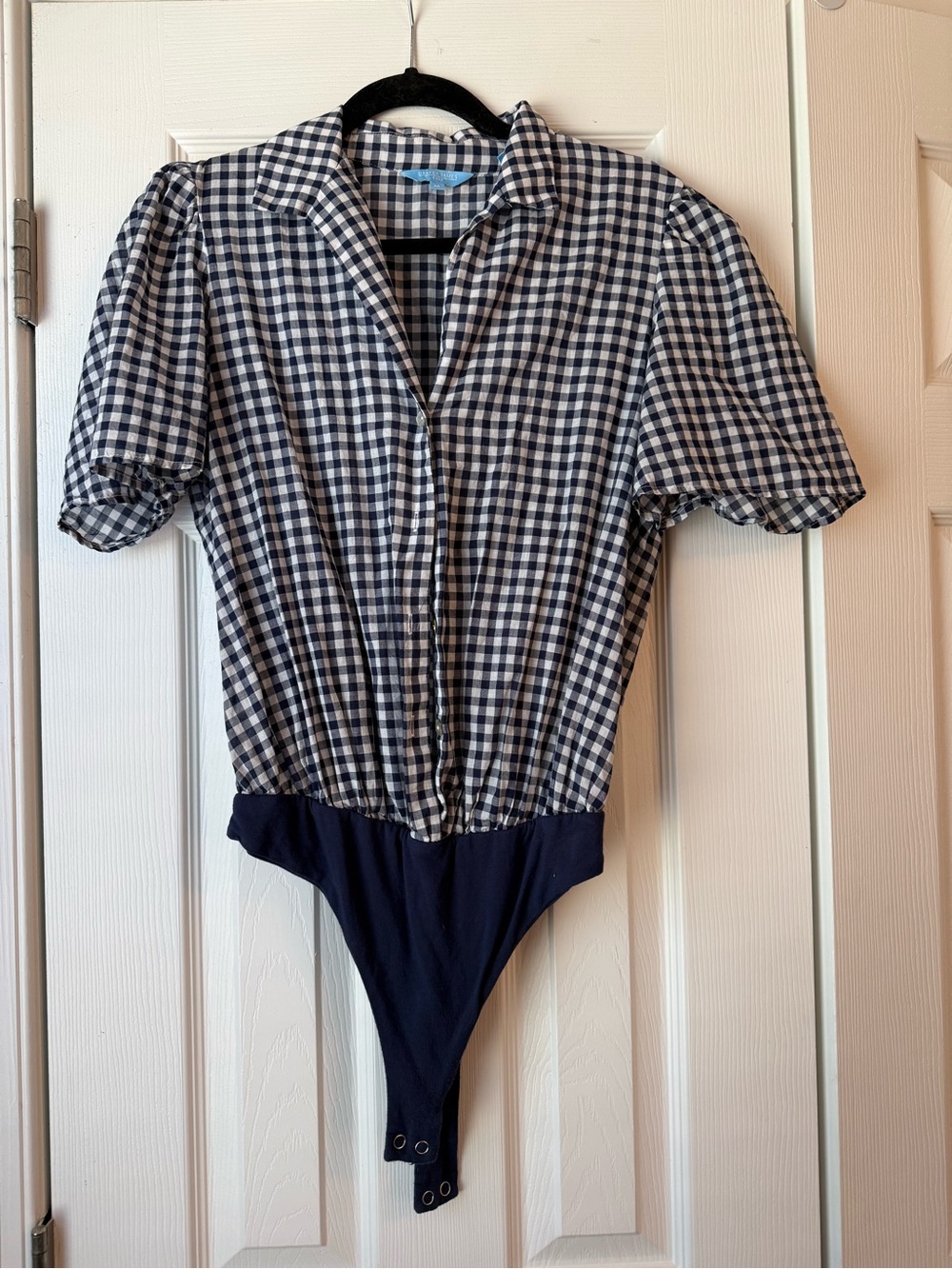 Draper James Navy and White Gingham Button-Front Bodysuit